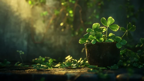 Sunlit potted clover rests in a tranquil, mossy courtyard