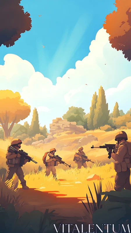 Cartoon military fireteam patrolling sunlit rural valley field