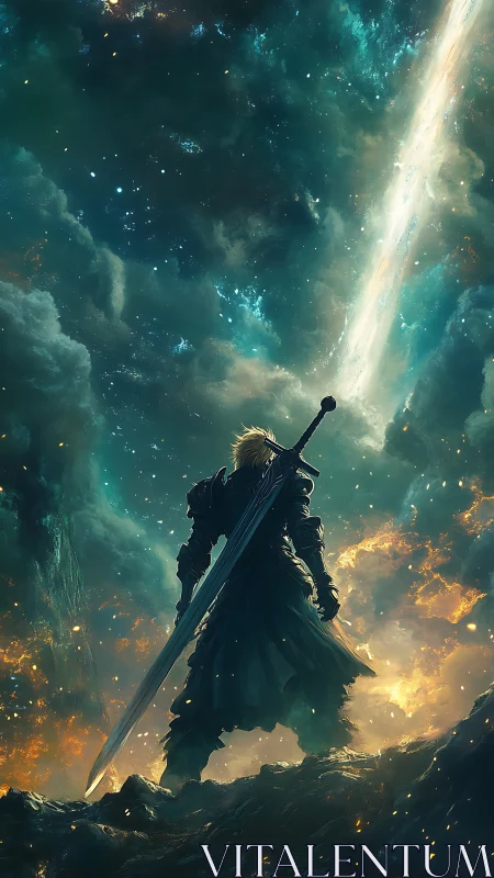 Starlit warrior carves a blazing path through cosmic night