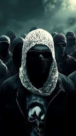Hooded masked collective stands under a storm-darkened sky