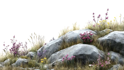 Wildflowers and weathered rocks on sparse hillside terrain.