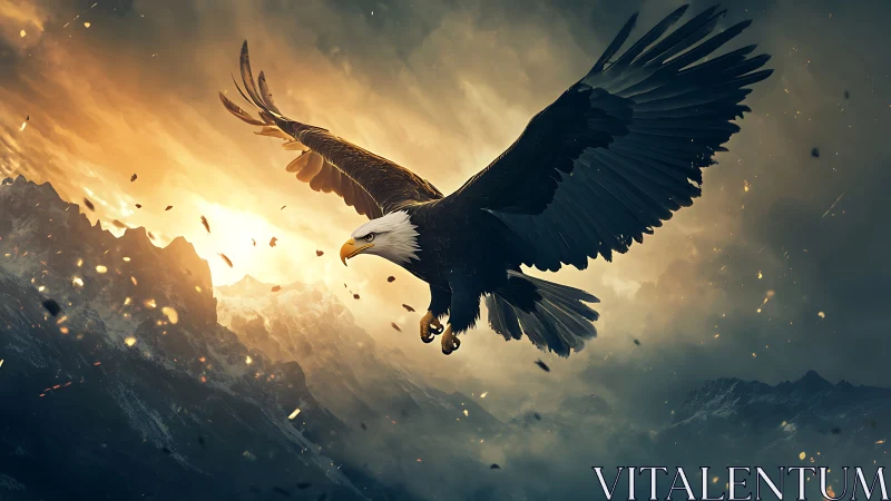 Majestic Bald Eagle Soaring Over Dramatic Mountain Landscape.