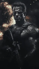 Hardened tactical soldier in cinematic explosive backlight.