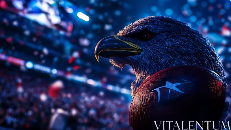 Stadium roar with fierce eagle mascot clutching football.