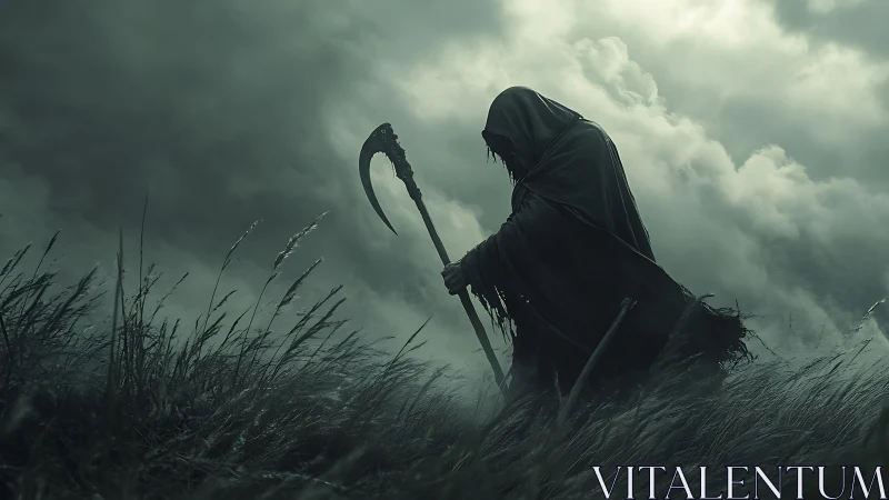 Grim wanderer in stormy fields beneath restless skies.