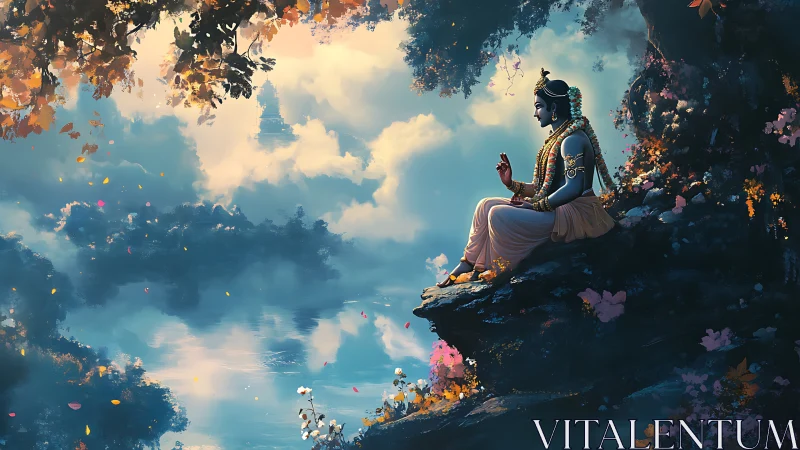 Divine blue deity meditating on cliff above reflective cloud lake