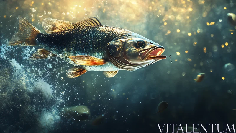 Large fish swims toward baited hook in illuminated water