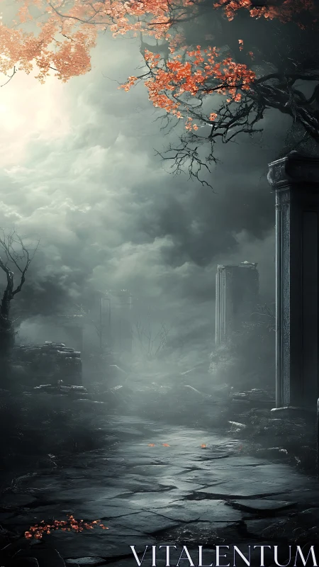 Ancient ruins emerge through mist beneath a burning autumn sky