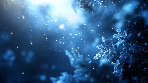 Macro frost foliage with luminous snow particles in bokeh field