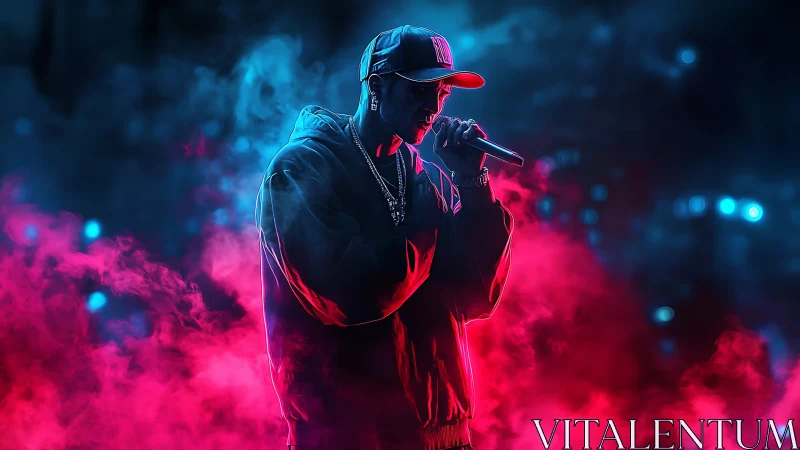Neon vapor stage portrait of hooded hip hop vocalist.