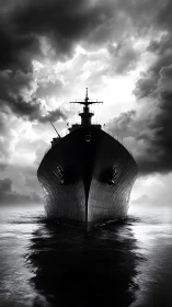 Monochrome frontal view of large ship at sea in storm.