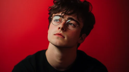 Thoughtful young man in glasses against bold red backdrop.