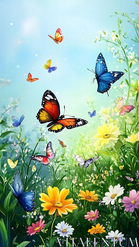 Vibrant butterflies in luminous wildflower meadow panorama.