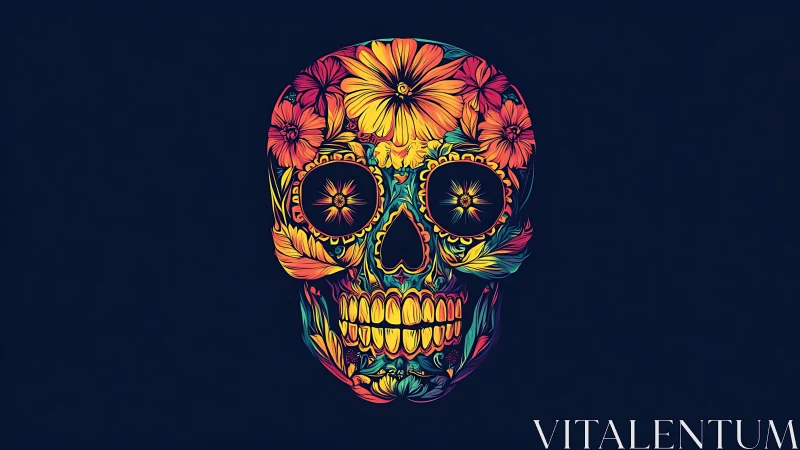 Floral sugar skull glows vividly against deep midnight black
