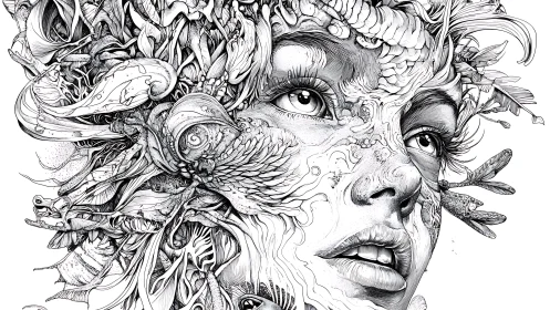 Surreal ink portrait merging human face with organic forms.