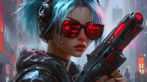 Neon armed cyberpunk operative with blue hair and visor glare