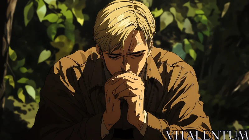 Blond anime man sits outdoors with hands clasped in thought