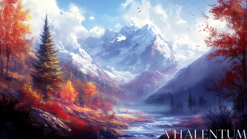 Crimson autumn valley beneath luminous snowcapped peaks.