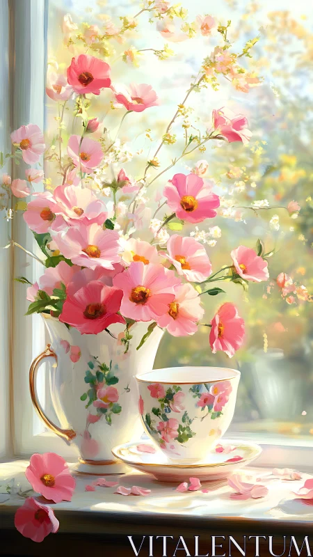 Pink cosmos flowers in ceramic vase with matching teacup on windowsill