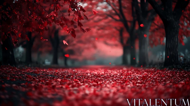 Red autumn tree tunnel with fallen leaves on pathway.