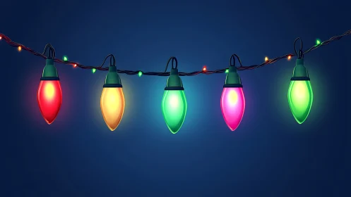 Colorful holiday string lights against deep blue backdrop.