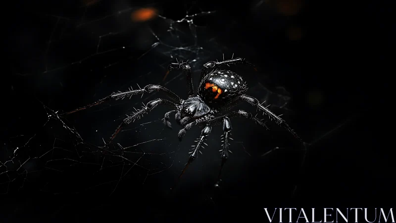 Dark web spider with orange markings in close focus.