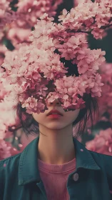 Portrait of youth partially obscured by pink blossoms.