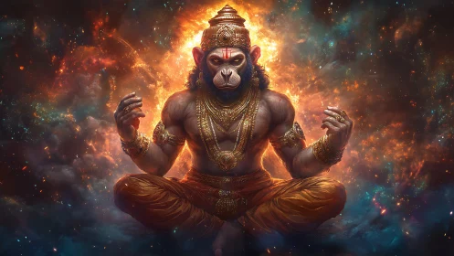 Powerful humanoid monkey deity in fiery cosmic aura.