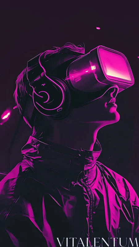 Person in VR headset under neon magenta lighting period.