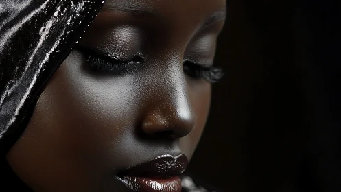 Elegant close-up portrait of woman with dark skin and shiny fabric.