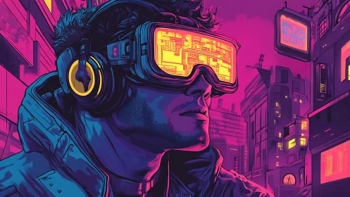 Neon-drenched cyber dreamer scans a glowing future city.