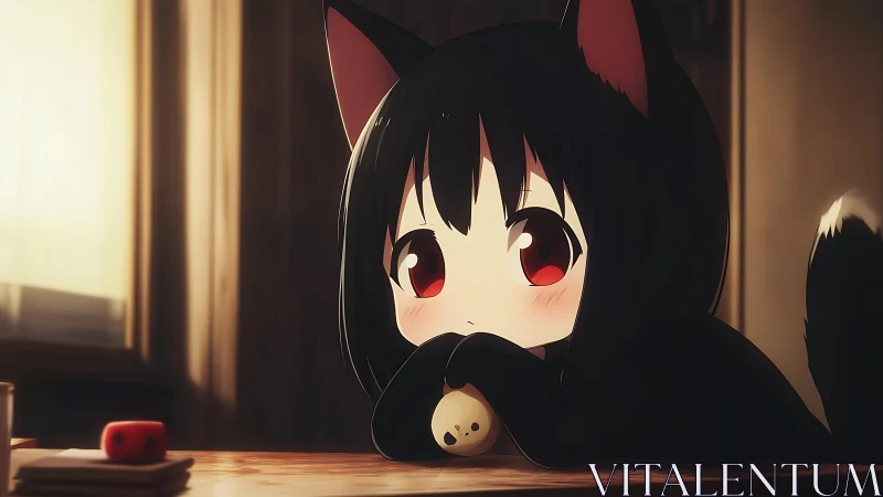 Chibi neko-hooded girl resting at desk in warm diffuse light.