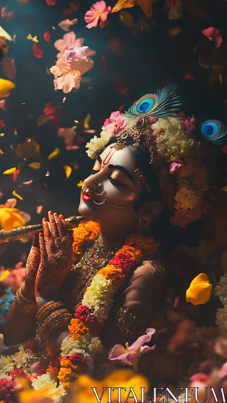 Divine veena player in floral garlands and glowing bokeh light.