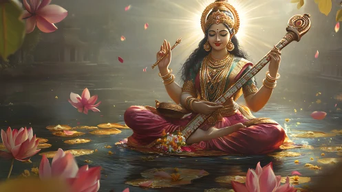 Seated veena player in lotus pond with ornate attire.