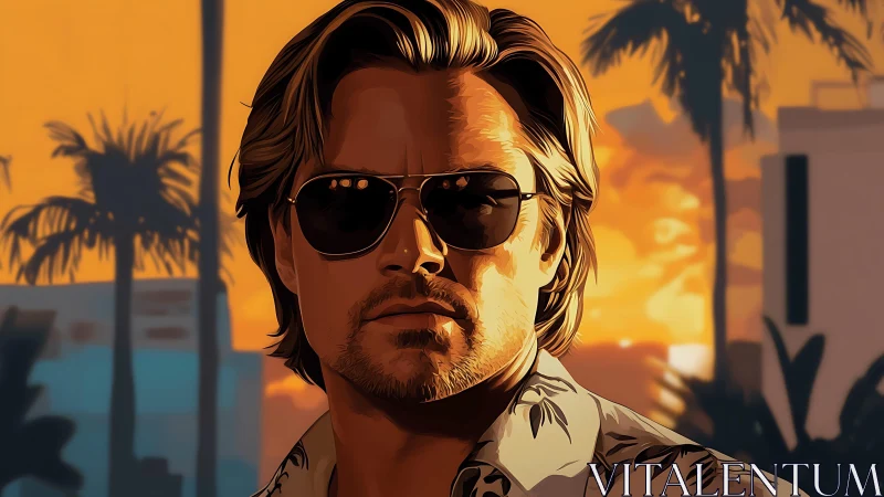 Sunlit sunglasses portrait in stylized tropical sunset glow.