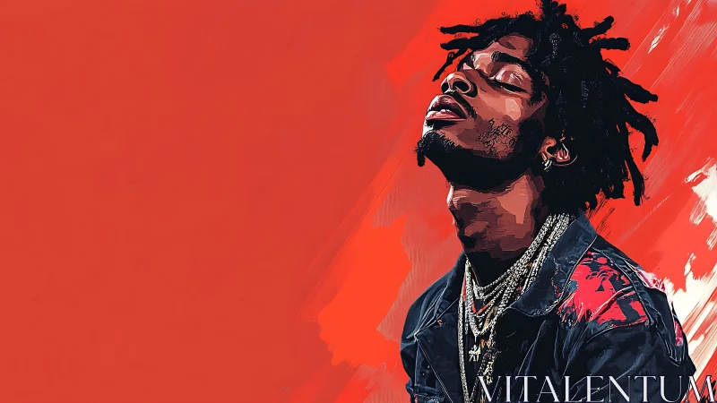 Digital portrait of rapper in bold red expressive background.