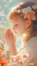 Golden hour girl in prayer amid soft spring flowers.