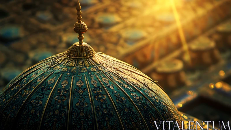 Golden sunset over ornate turquoise mosque dome.