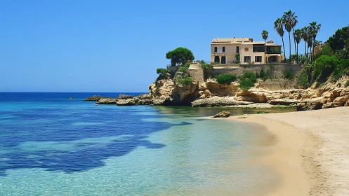 Mediterranean Villa on Rocky Coastline with Azure Waters.