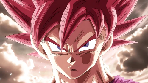 Scarlet‑haired warrior carves focus from stormlit clouds