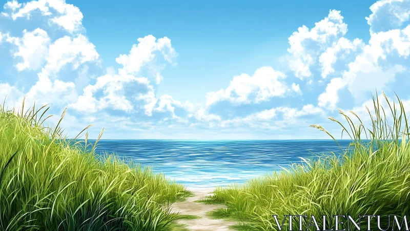 Sunny coastal path opening onto calm blue ocean view.