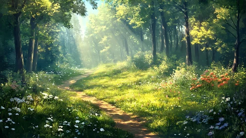 Sunlit Forest Pathway with Atmospheric Radiance and Layered Botanical Composition