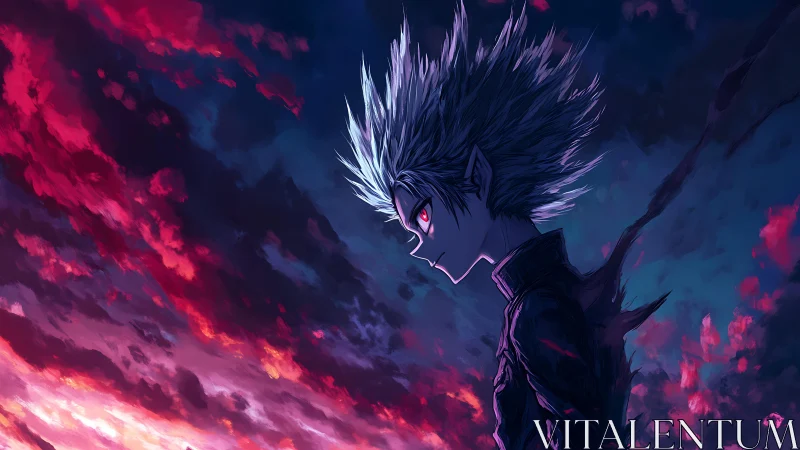 Spiky haired anime boy stares ahead against vivid sunset sky