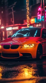 Neon night racer prowls through rainlit cyber city streets