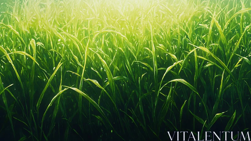 Sunlit dew-kissed grass blades in luminous green field.