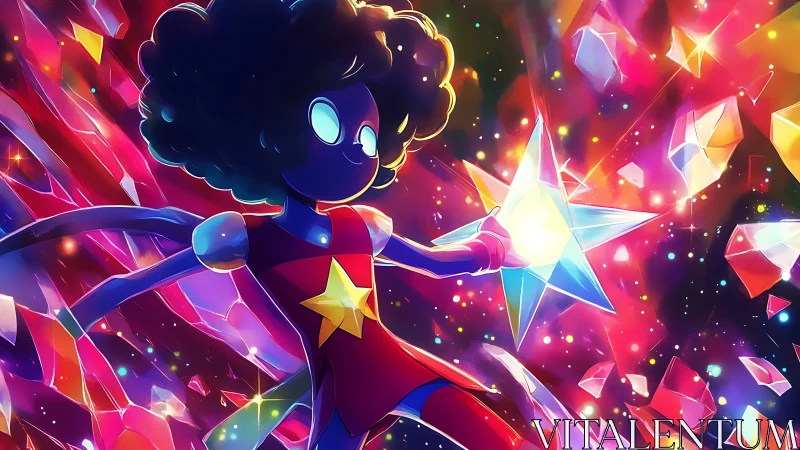Cosmic hero gliding through rainbow stars and crystal light.
