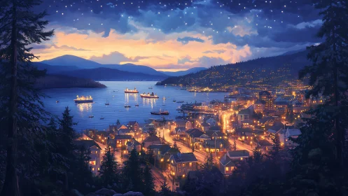 Harbor lights hum softly beneath a painted twilight sky