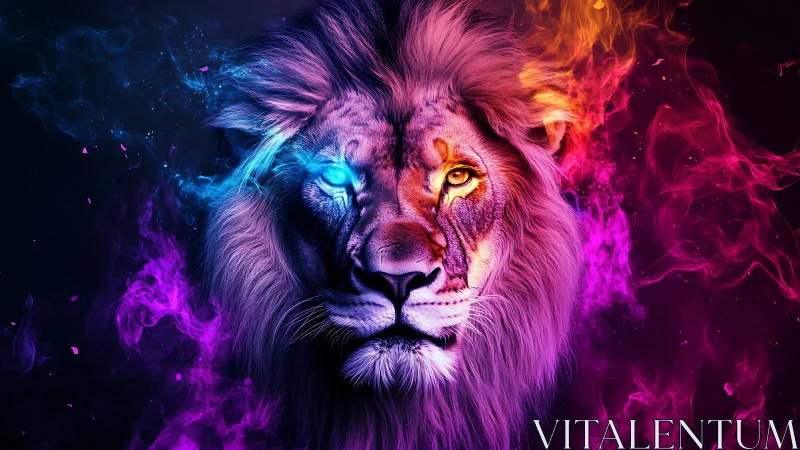 Bicolored digital lion head with surrounding neon smoke.