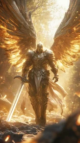 Radiant seraphic warlord in gilded plate with flaming wings.