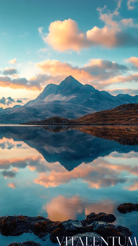 Sunlit alpine peak mirrored in tranquil mountain lake.